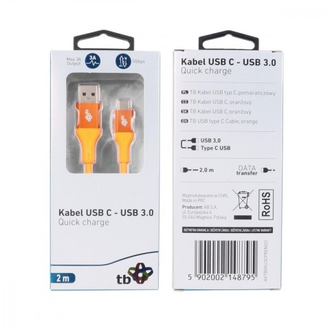Kabel USB 3.0 - USB C 2m PREMIUM 3A pomarańczowy TPE Kabel USB 3.0 - USB C 2m PREMIUM 3A pomarańczowy TPE