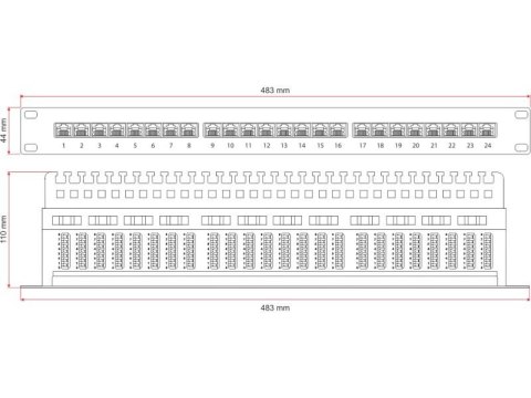 Patch panel UTP kat.5e 24 porty LSA z półką 1U Patch panel UTP kat.5e 24 porty LSA z półką 1U