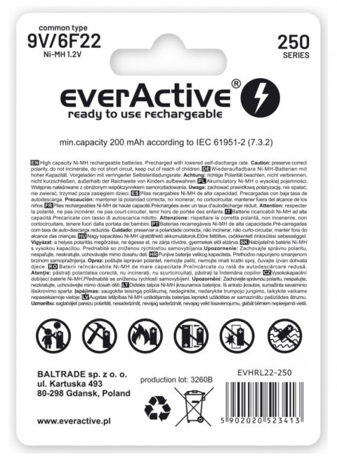 Akumulatorek 6F22/9V NI-MH 250 mAh 1 szt. ready to use Akumulatorek 6F22/9V NI-MH 250 mAh 1 szt. ready to use