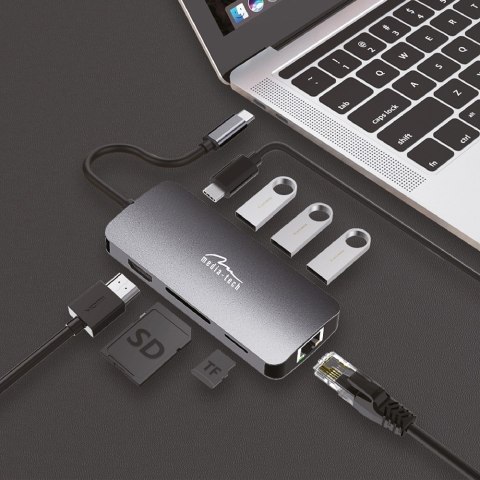 HUB USB-C 8 portów MT5044 3xUSB-A 3.0, 1xUSB-C PD, 1xRJ45, 1xHDMI 4K, 1xSD 1xMicro SD HUB USB-C 8 portów MT5044 3xUSB-A 3.0, 1xUSB-C PD, 1xRJ45, 1xHDMI 4K, 1xSD 1xMicro SD