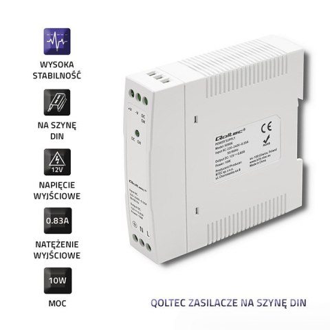 Zasilacz na szynę DIN | 10W | 12V | 0.83A | Biały | Slim Zasilacz na szynę DIN | 10W | 12V | 0.83A | Biały | Slim
