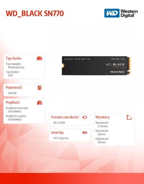 Dysk SSD WD Black 500GB SN770 NVMe 2280 M2 WDS500G3X0E Dysk SSD WD Black 500GB SN770 NVMe 2280 M2 WDS500G3X0E