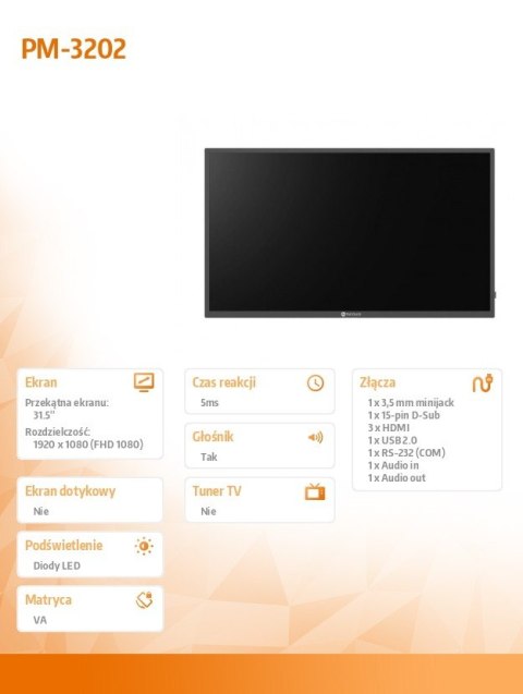 Monitor wielkoformatowy PM-3202 CZARNY 350cd/m2 1400:1 24/7 Monitor wielkoformatowy PM-3202 CZARNY 350cd/m2 1400:1 24/7