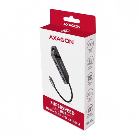 HMC-6GL Wieloportowy hub 3x USB-A, HDMI, RJ-45, USB 3.2 Gen 1 hub, PD 100W 20cm USB-C kabel HMC-6GL Wieloportowy hub 3x USB-A, HDMI, RJ-45, USB 3.2 Gen 1 hub, PD 100W 20cm USB-C kabel