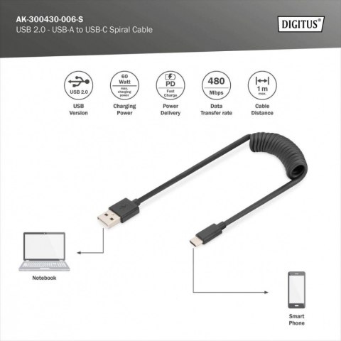 Kabel spiralny USB A/USB C, USB 2.0, PD 60W, max. 1m Czarny Kabel spiralny USB A/USB C, USB 2.0, PD 60W, max. 1m Czarny