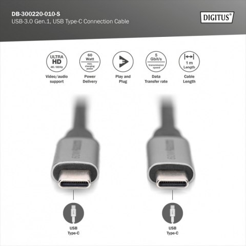 Kabel połączeniowy USB 3.0 60W/5Gbps Typ USB C/USB C M/M 1m Czarny Kabel połączeniowy USB 3.0 60W/5Gbps Typ USB C/USB C M/M 1m Czarny