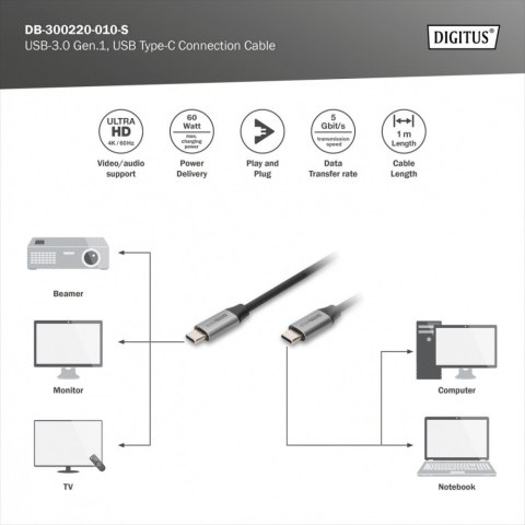 Kabel połączeniowy USB 3.0 60W/5Gbps Typ USB C/USB C M/M 1m Czarny Kabel połączeniowy USB 3.0 60W/5Gbps Typ USB C/USB C M/M 1m Czarny