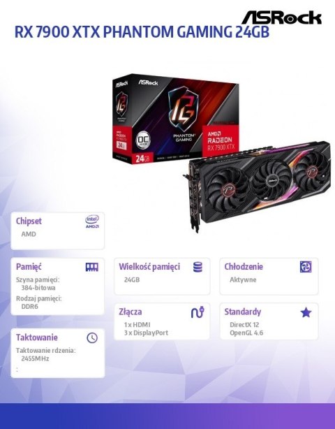 Karta graficzna Radeon RX 7900 XTX PHANTOM GAMING 24GB OC GDDR6 384bit Karta graficzna Radeon RX 7900 XTX PHANTOM GAMING 24GB OC GDDR6 384bit