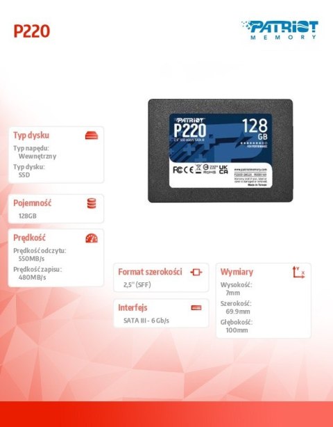 Dysk SSD 128GB P220 550/480 MB/s SATA III 2.5 Dysk SSD 128GB P220 550/480 MB/s SATA III 2.5
