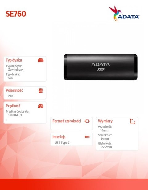 Dysk zewnętrzny SSD SE760 2TB USB3.2-A/C czarny Dysk zewnętrzny SSD SE760 2TB USB3.2-A/C czarny