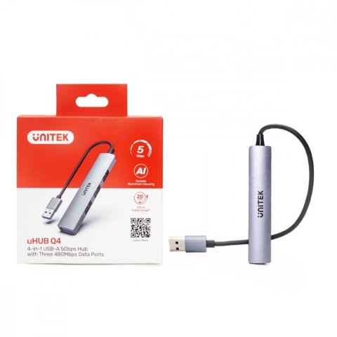 Hub USB-A; 3x USB-A 2.0; 1x USB-A 5 Gbps Aluminiowy Hub USB-A; 3x USB-A 2.0; 1x USB-A 5 Gbps Aluminiowy