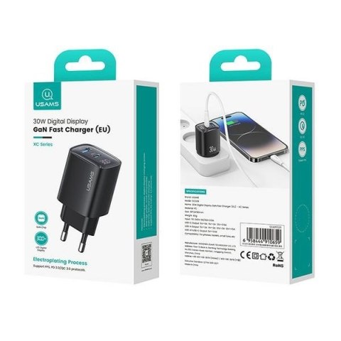 Ładowarka sieciowa 30W GaN LED USB+USB-C CC229 Fast Charging czarna Ładowarka sieciowa 30W GaN LED USB+USB-C CC229 Fast Charging czarna