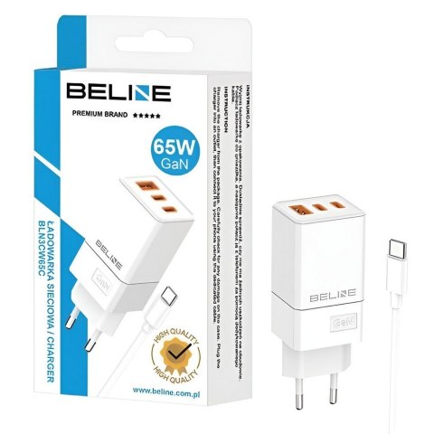 Ładowarka sieciowa 65W GaN 2xUSB-C + USB-A+ kabel USB-C Biała Ładowarka sieciowa 65W GaN 2xUSB-C + USB-A+ kabel USB-C Biała