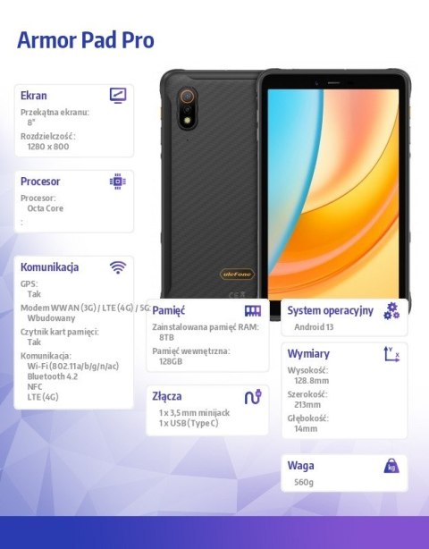Tablet Armor Pad Pro LTE 8 cala 8/128GB 7650 mAh czarny Tablet Armor Pad Pro LTE 8 cala 8/128GB 7650 mAh czarny