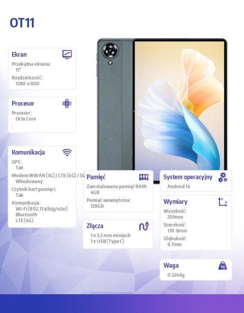 Tablet OT11 11 cali 4/128GB 8000 mAh 2K czarny Tablet OT11 11 cali 4/128GB 8000 mAh 2K czarny