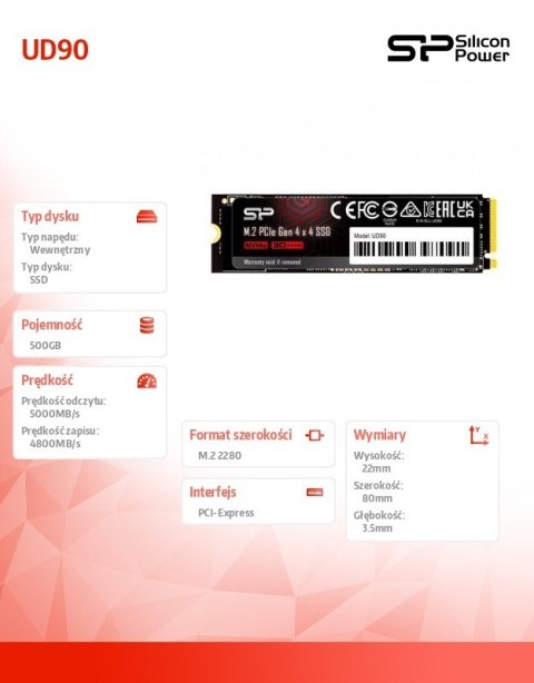 Dysk SSD UD90 500GB PCIe M.2 2280 NVMe Gen 4x4 5000/4800 MB/s Dysk SSD UD90 500GB PCIe M.2 2280 NVMe Gen 4x4 5000/4800 MB/s