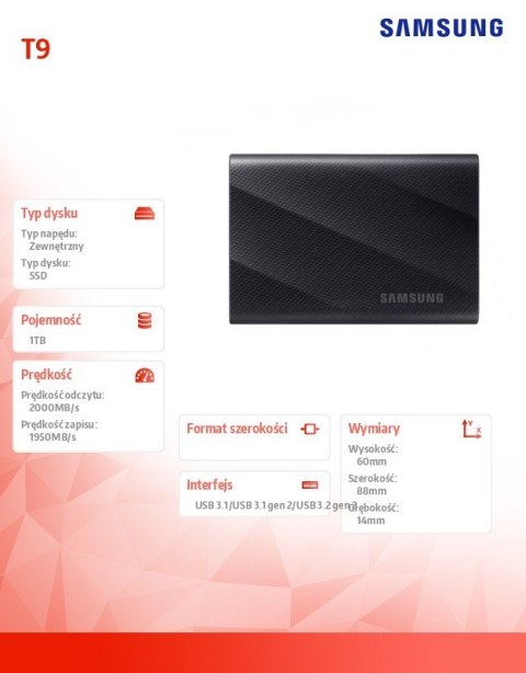 Dysk zewnętrzny SSD T9 1TB USB3.2 GEN.2 czarny Dysk zewnętrzny SSD T9 1TB USB3.2 GEN.2 czarny