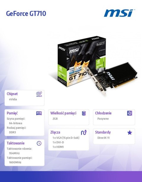 Karta graficzna GeForce GT 710 2GB DDR3 64BIT DVI/D-SUB/HDMI Karta graficzna GeForce GT 710 2GB DDR3 64BIT DVI/D-SUB/HDMI