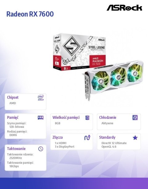 Karta graficzna Radeon RX 7600 Steel legend 8GB OC 128bit Karta graficzna Radeon RX 7600 Steel legend 8GB OC 128bit