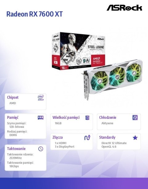 Karta graficzna Radeon RX 7600 XT STEEL LEGEND 16GB OC 128bit Karta graficzna Radeon RX 7600 XT STEEL LEGEND 16GB OC 128bit