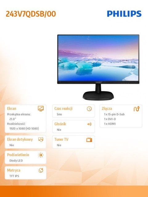 Monitor 23.8 243V7QDSB IPS DVI HDMI Czarny Monitor 23.8 243V7QDSB IPS DVI HDMI Czarny