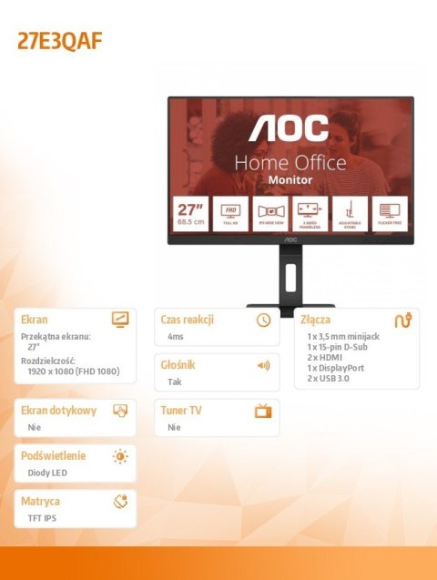 Monitor 27E3QAF 27 cali IPS HDMI DP Pivot Głośniki