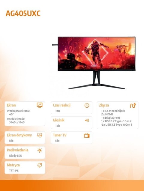 Monitor AG405UXC 40 cali 144Hz IPS HDMIx2 DP USB-C HAS Monitor AG405UXC 40 cali 144Hz IPS HDMIx2 DP USB-C HAS