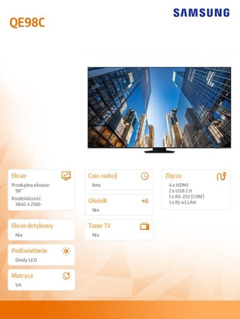 Monitor profesjonalny QE98C 98 cali Błyszczący 16h/7 450(cd/m2) 3840x2160(UHD) S10 Player (Tizen 6.5) Wi-Fi 3 lata On-Site (LH98