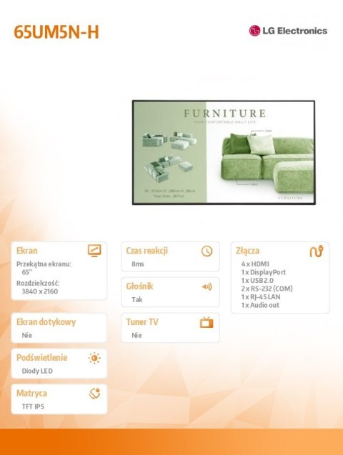 Monitor wielkoformatowy 65UM5N-H 500cd/m2 UHD 24/7 Monitor wielkoformatowy 65UM5N-H 500cd/m2 UHD 24/7