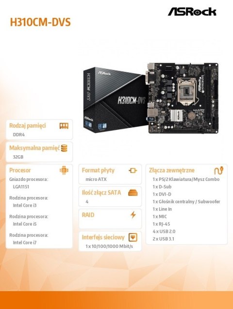 Płyta główna H310CM-DVS s1151 2DDR4 DVI/DSUB/USB3.1 uATX Płyta główna H310CM-DVS s1151 2DDR4 DVI/DSUB/USB3.1 uATX