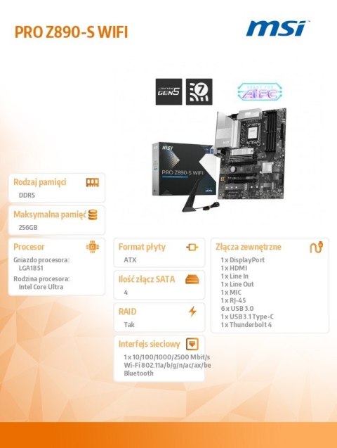 Płyta główna PRO Z890-S WIFI s1851 4DDR5 ATX Płyta główna PRO Z890-S WIFI s1851 4DDR5 ATX