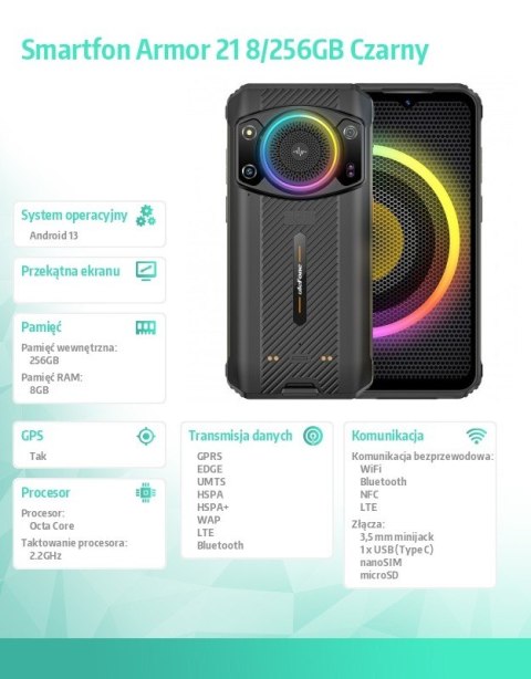 Smartfon Armor 21 6.58" 8/256GB IP68/IP69K 9600 mAh DualSIM głośnik RGB czarny Smartfon Armor 21 6.58" 8/256GB IP68/IP69K 9600 mAh DualSIM głośnik RGB czarny
