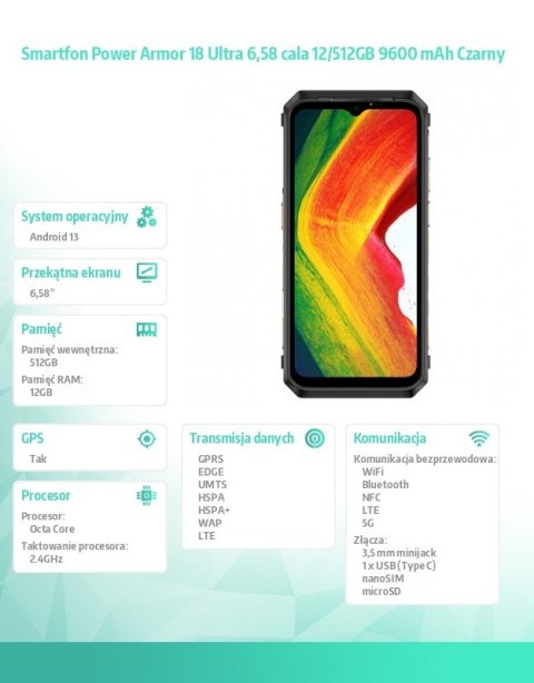 Smartfon Power Armor 18 Ultra 6,58 cala 12/512GB IP68/IP69K 9600 mAh DualSIM czarny Smartfon Power Armor 18 Ultra 6,58 cala 12/512GB IP68/IP69K 9600 mAh DualSIM czarny