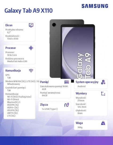 Tablet Galaxy Tab A9 X115 8,7 cala LTE 4/64GB Szary
