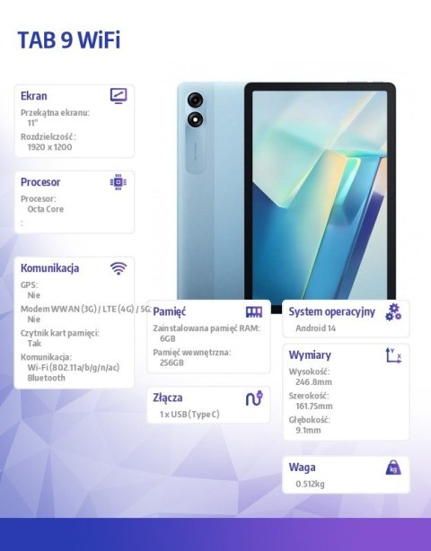Tablet TAB9 WiFi 11 cali 6/256GB 8200mAh niebieski Tablet TAB9 WiFi 11 cali 6/256GB 8200mAh niebieski