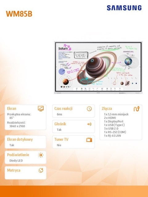 Monitor profesjonalny WM85B Flip PRO 85 cali Dotykowa 16h/7 350(cd/m2) 3840 x 2160 (UHD) Flip App WiFi/BT 3 lata On-Site (LH85WM Monitor profesjonalny WM85B Flip PRO 85 cali Dotykowa 16h/7 350(cd/m2) 3840 x 2160 (UHD) Flip App WiFi/BT 3 lata On-Site (LH85WM