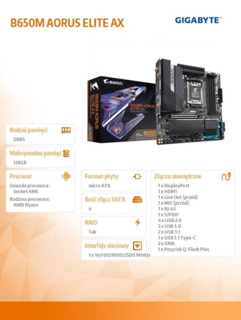 Płyta główna B650M AORUS ELITE AX AM5 4DDR5 HDMI/DP mATX Płyta główna B650M AORUS ELITE AX AM5 4DDR5 HDMI/DP mATX