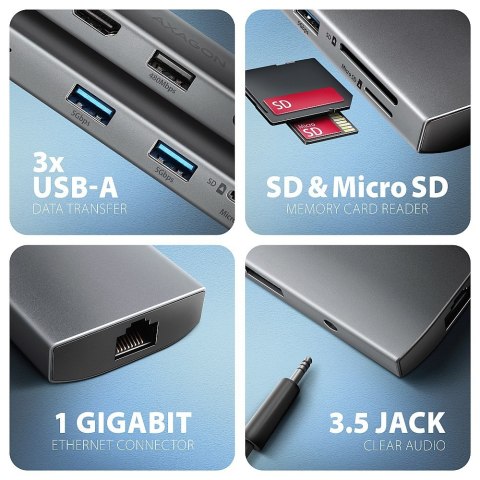 HMC-8HLSA Wieloportowy hub USB-C 3.2 Gen 1 hub, 3x USB-A + 4K/30Hz HDMI + SD/microSD, GLAN, Audio, PD 100W, 20cm USB-C kabel HMC-8HLSA Wieloportowy hub USB-C 3.2 Gen 1 hub, 3x USB-A + 4K/30Hz HDMI + SD/microSD, GLAN, Audio, PD 100W, 20cm USB-C kabel
