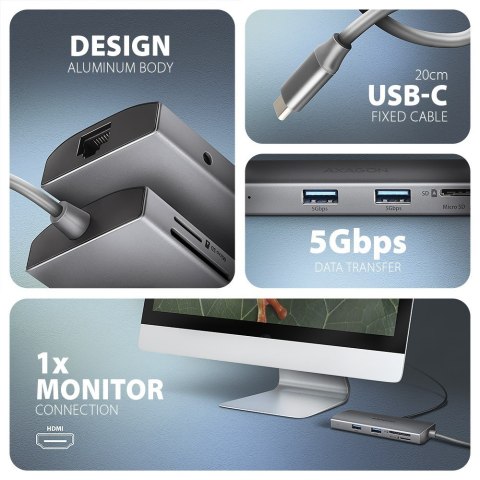 HMC-8HLSA Wieloportowy hub USB-C 3.2 Gen 1 hub, 3x USB-A + 4K/30Hz HDMI + SD/microSD, GLAN, Audio, PD 100W, 20cm USB-C kabel HMC-8HLSA Wieloportowy hub USB-C 3.2 Gen 1 hub, 3x USB-A + 4K/30Hz HDMI + SD/microSD, GLAN, Audio, PD 100W, 20cm USB-C kabel
