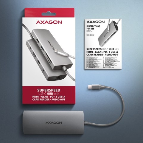 HMC-8HLSA Wieloportowy hub USB-C 3.2 Gen 1 hub, 3x USB-A + 4K/30Hz HDMI + SD/microSD, GLAN, Audio, PD 100W, 20cm USB-C kabel HMC-8HLSA Wieloportowy hub USB-C 3.2 Gen 1 hub, 3x USB-A + 4K/30Hz HDMI + SD/microSD, GLAN, Audio, PD 100W, 20cm USB-C kabel