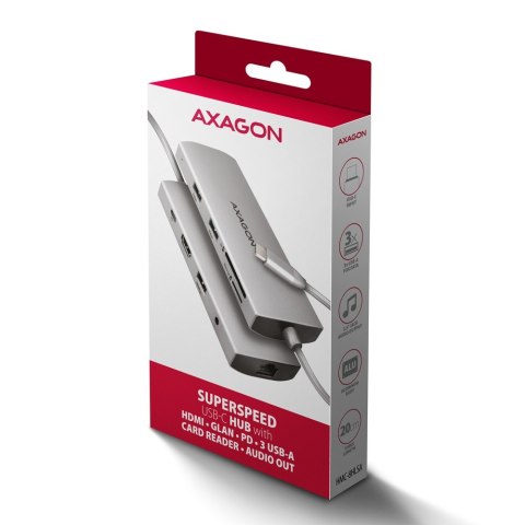 HMC-8HLSA Wieloportowy hub USB-C 3.2 Gen 1 hub, 3x USB-A + 4K/30Hz HDMI + SD/microSD, GLAN, Audio, PD 100W, 20cm USB-C kabel HMC-8HLSA Wieloportowy hub USB-C 3.2 Gen 1 hub, 3x USB-A + 4K/30Hz HDMI + SD/microSD, GLAN, Audio, PD 100W, 20cm USB-C kabel
