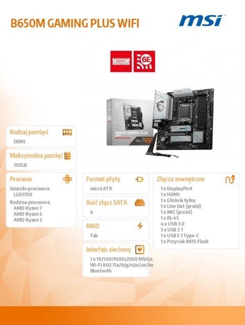 Płyta główna B650M GAMING PLUS WIFI AM5 4DDR5 HDMI/DP mATX Płyta główna B650M GAMING PLUS WIFI AM5 4DDR5 HDMI/DP mATX