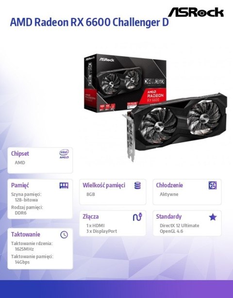 Karta graficzna Radeon RX 6600 Challenger D 8GB 128bit GDDR6 3DP/HDMI Karta graficzna Radeon RX 6600 Challenger D 8GB 128bit GDDR6 3DP/HDMI