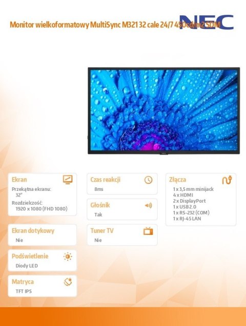 Monitor wielkoformatowy MultiSync M321 32 cale 24/7 450cd/m2 SDM Monitor wielkoformatowy MultiSync M321 32 cale 24/7 450cd/m2 SDM