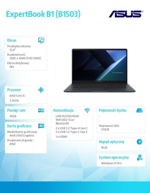 Notebook ExpertBook B1 B1503CVA-S70249X i5 1335U Win11Pro/16GB/512GB/3YNBD