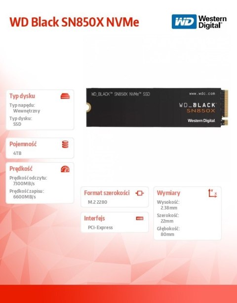 Dysk SSD WD Black 4TB SN850X NVMe M.2 PCIe Gen4 2280 Dysk SSD WD Black 4TB SN850X NVMe M.2 PCIe Gen4 2280