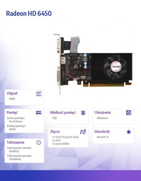 Karta graficzna Radeon HD 6450 1GB DDR3 64Bit DVI HDMI VGA LP Fan Karta graficzna Radeon HD 6450 1GB DDR3 64Bit DVI HDMI VGA LP Fan