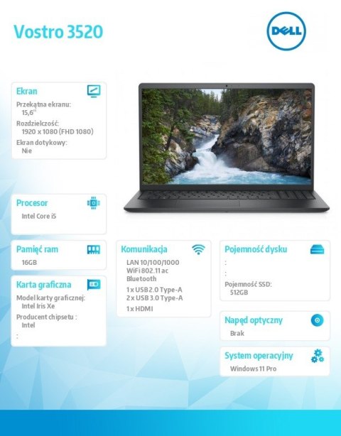 Notebook Vostro 15 (3520) Win11Pro i5-1235U/16GB/512GB SSD/15.6 FHD/Intel Iris Xe/FgrPr/Cam&Mic/WLAN+BT/Backlit Kb/3 Cell/3YPS