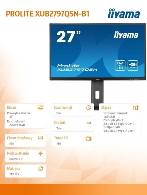Monitor 27 cali XUB2797QSN-B1 IPS,QHD,USB-c Dock,HDMI /5y/