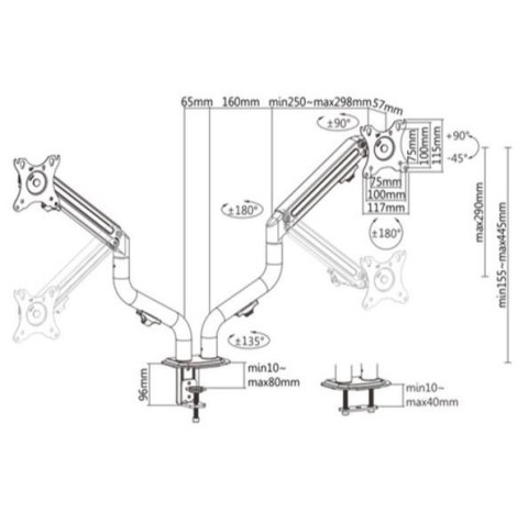Ramię na dwa monitory biurkowe (regulowane), od 17 cali do 32 cali, obciążenie do 8kg Ramię na dwa monitory biurkowe (regulowane), od 17 cali do 32 cali, obciążenie do 8kg